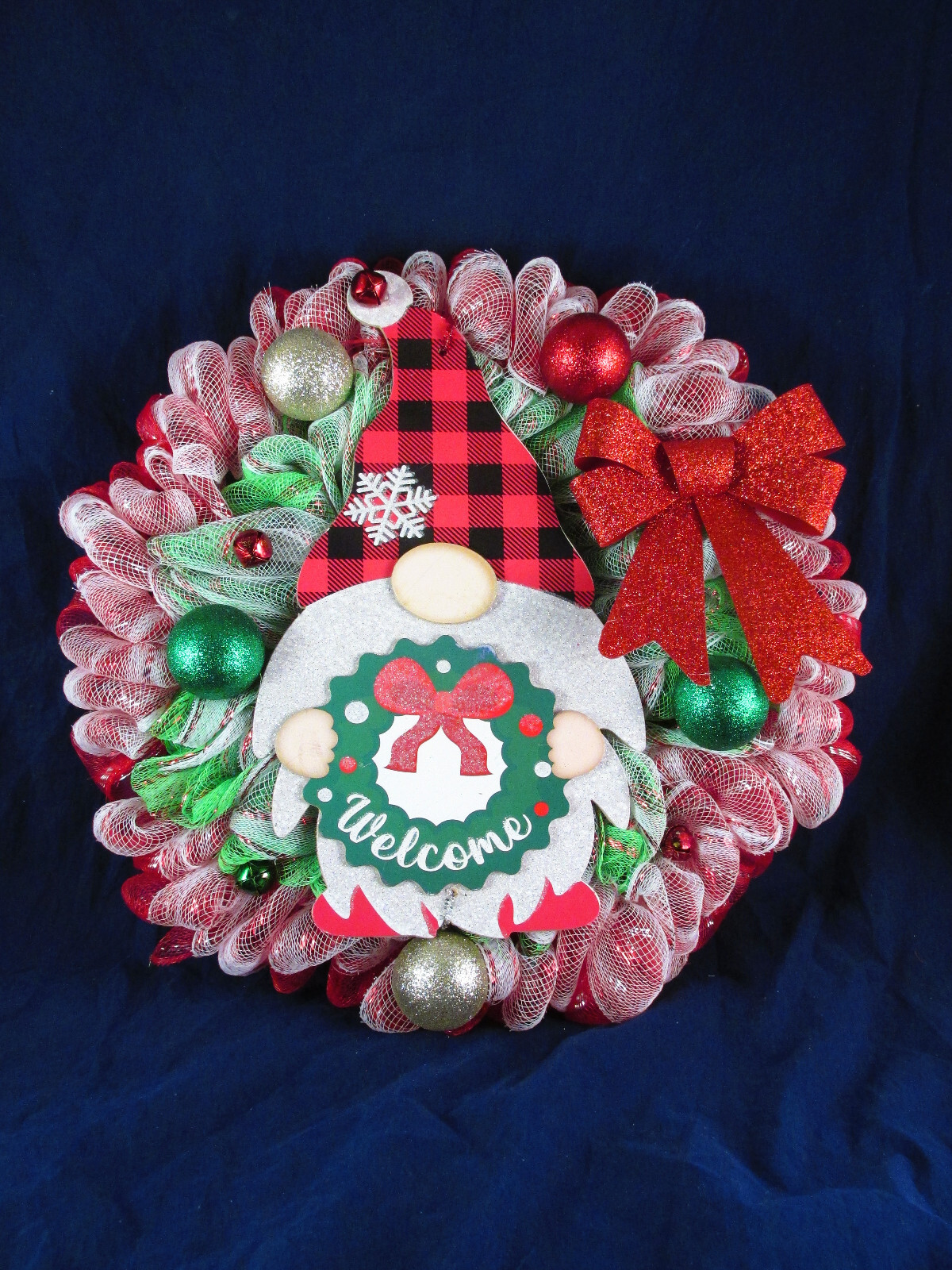Red White and Green Bubble Deco Mesh Knome Christmas Wreath