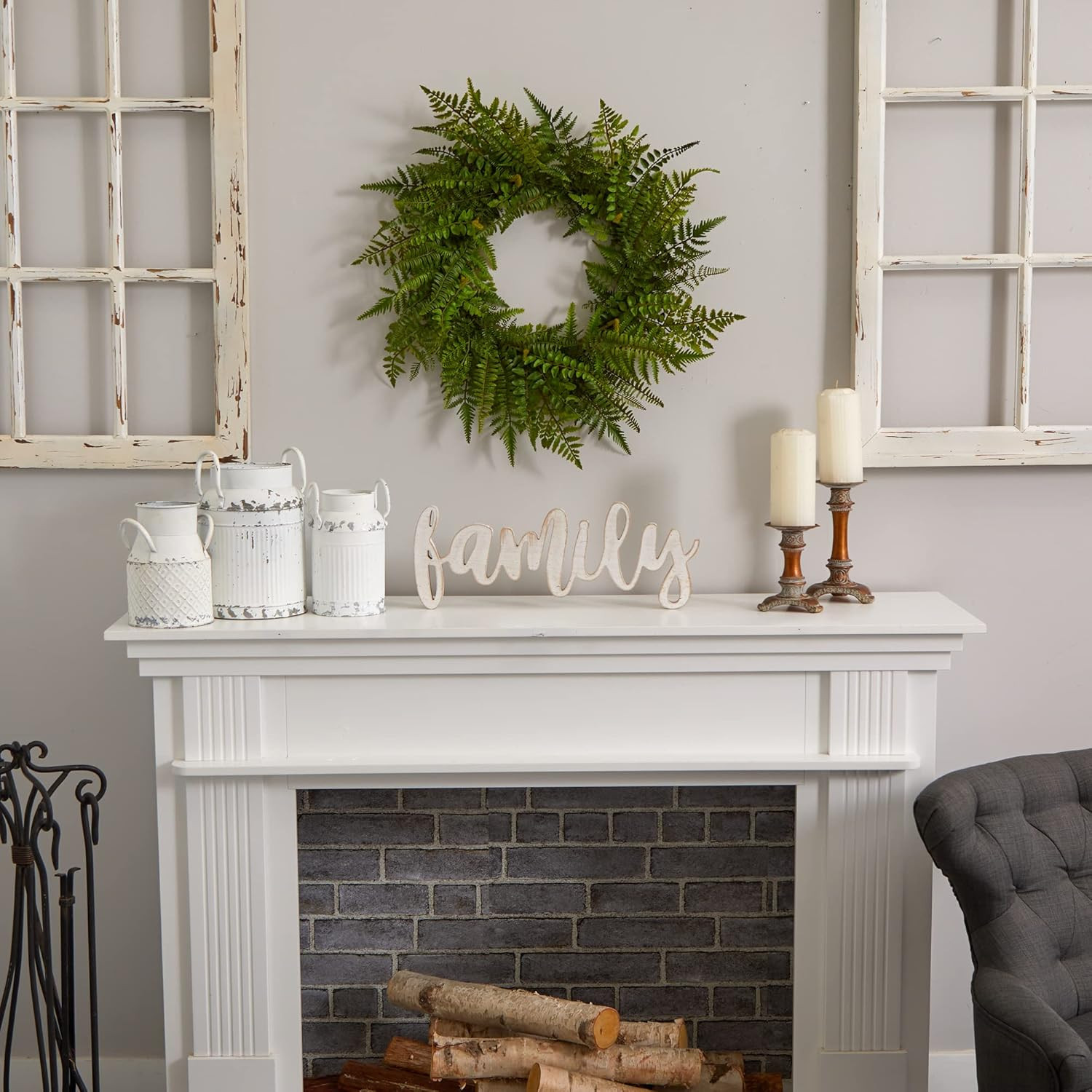 24In. Mixed Fern Artificial Wreath, Green