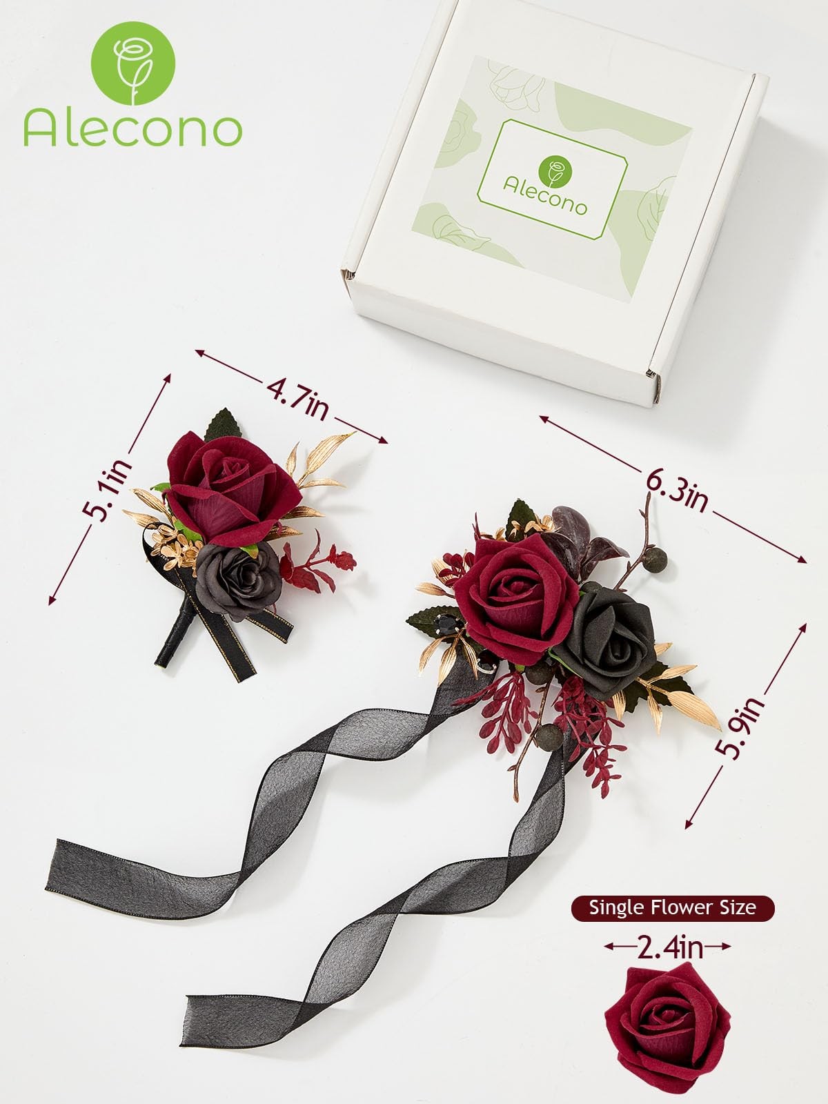 Burgundy Red Black Rose Corsage Boutonniere Set Wristlet Wedding Prom Flower