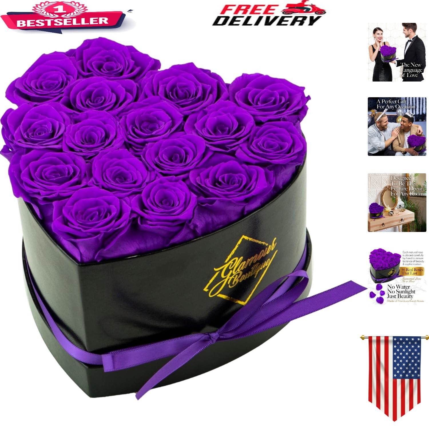 Heart-Shaped Floral Keepsake with 16 Everlasting Purple Roses – Ideal Gift