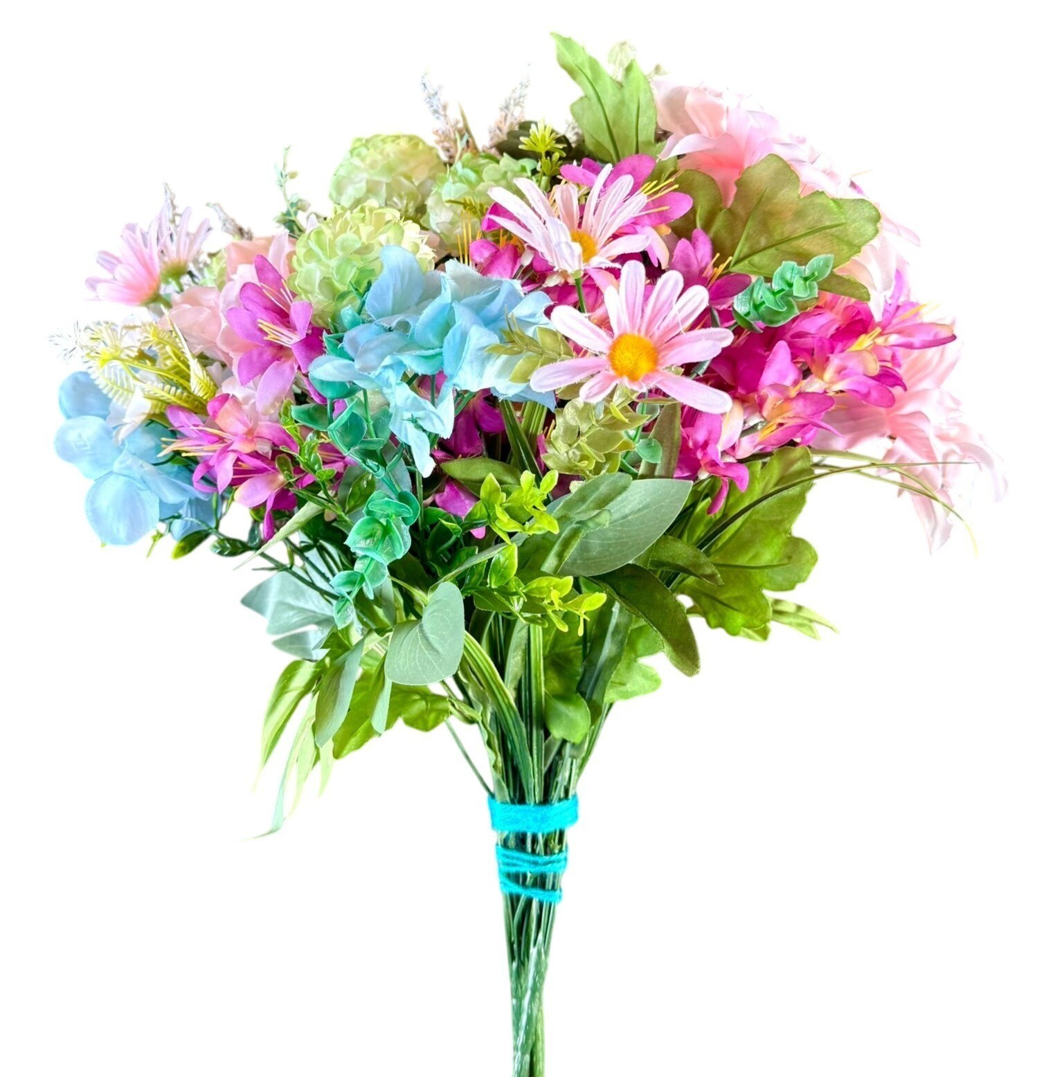 Upcycled Handcrafted Artificial Floral Arrangement Blue Green Pink Flowers OOAK