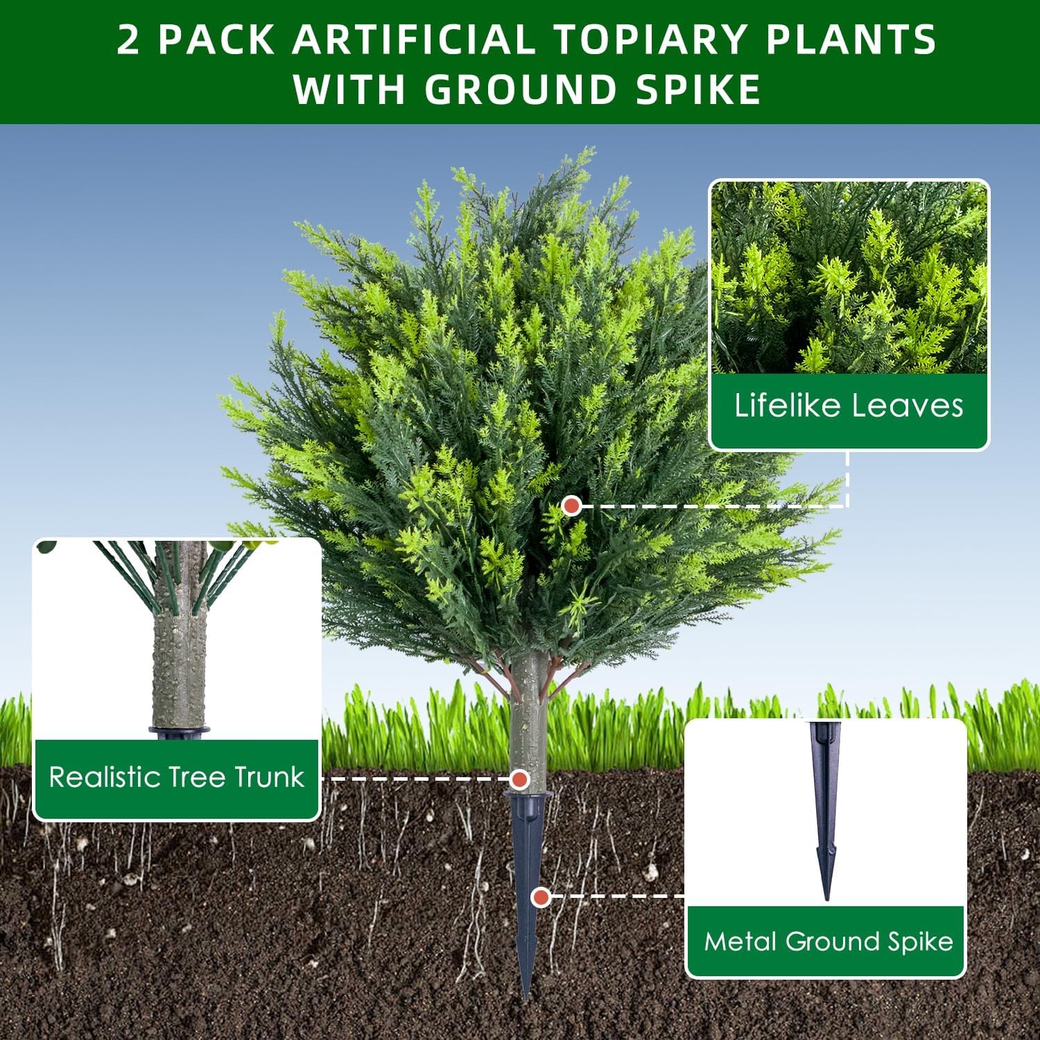 2/4 PCS Artificial Cypress Plant Decor Stakes with Ground Spike Faux Plant Decor