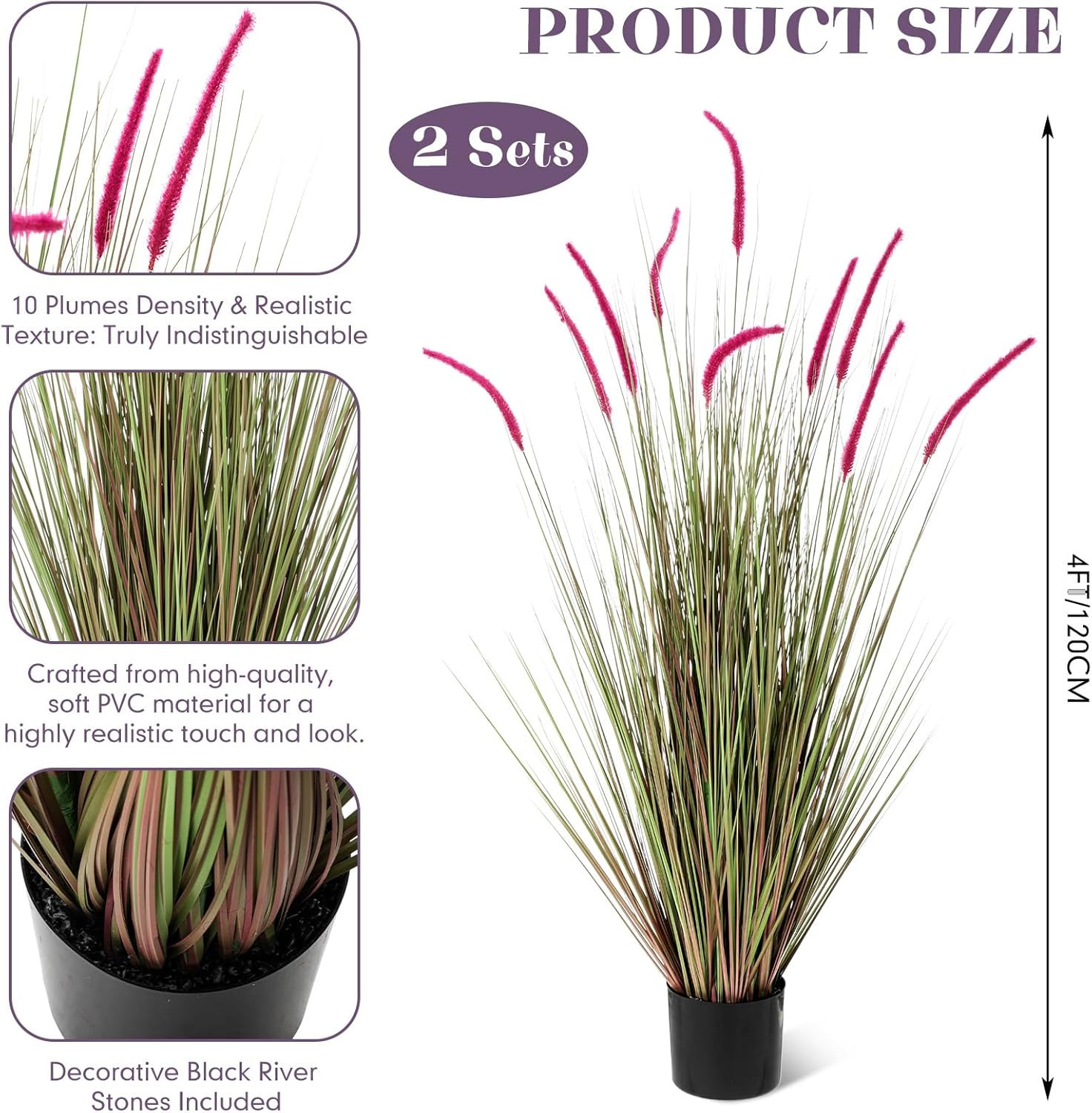 4 Ft Tall Faux Setaria Grass – Stylish Purple Potted Plants for Home & Garden