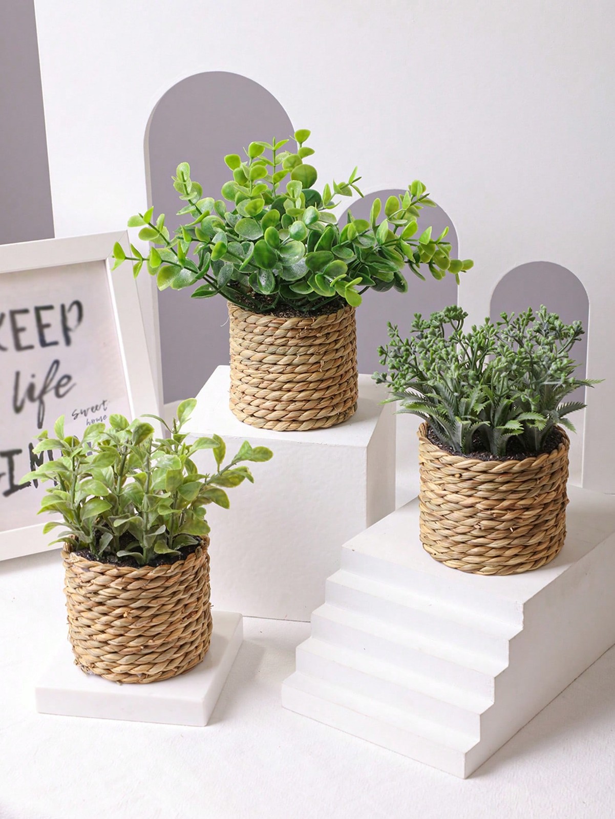 3pcs Green Artificial Potted Plants in Woven Rattan for Home Decor