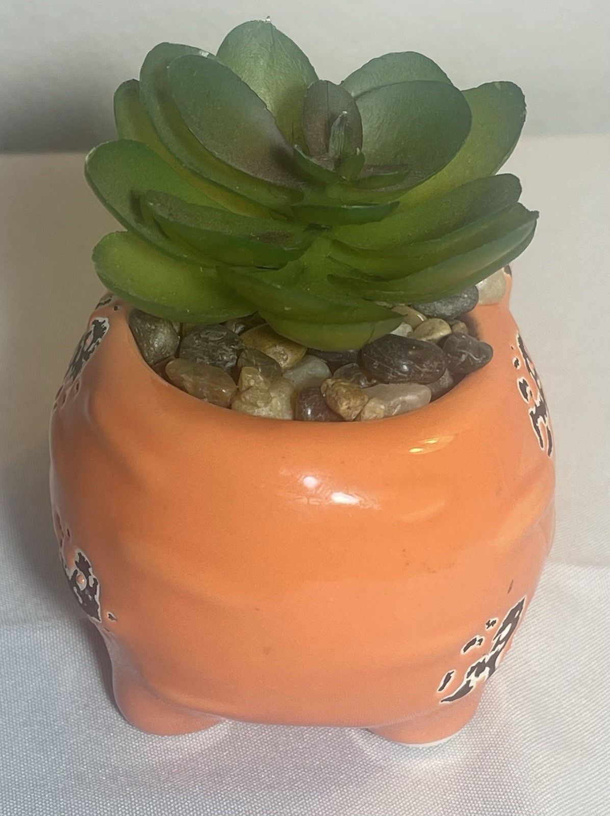 Orange Rustic Hedgehog with Faux Succulent Plant And Glued Pebbles 4x3x 3.5”