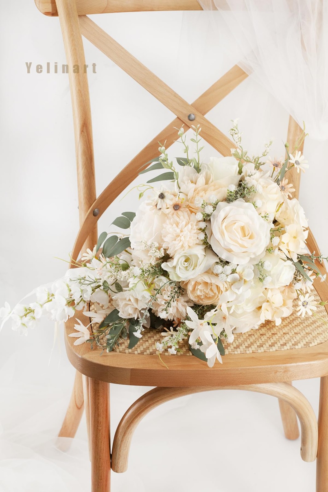 11 Inch Champagne Wedding Bouquets for Bride White Artificial Roses Flower Ca…