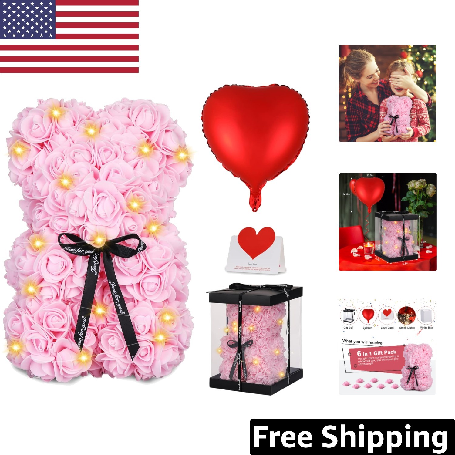 Enchanting Rose Bear Gift Set for Mother’s Day with Heart Balloon & Lights