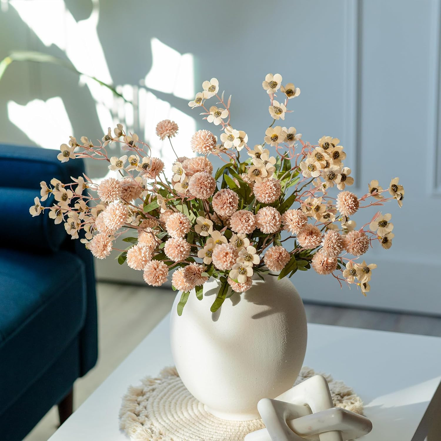 Faux Silk Pompon Mums Artificial Flowers for Vase Kiku Stems & Eucalyptus Floral