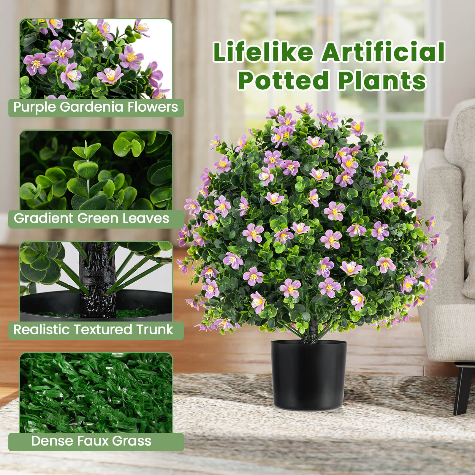 2 Pack Artificial Boxwood Topiary Ball Tree Faux Shrub Bushes w/ Flowers