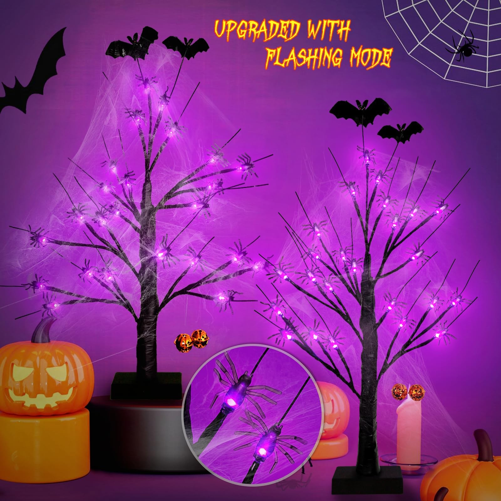 Halloween Decorations Indoor Spider Lights Tree, 2Ft Black Spooky Tree with S…
