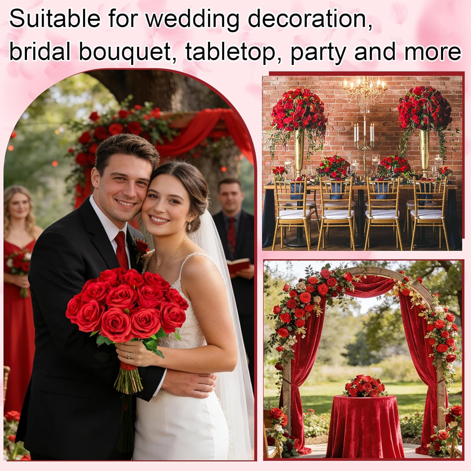 20 Pcs Red Roses Artificial Velvet Silk Flowers Fake Roses Bouquet with Long Ste