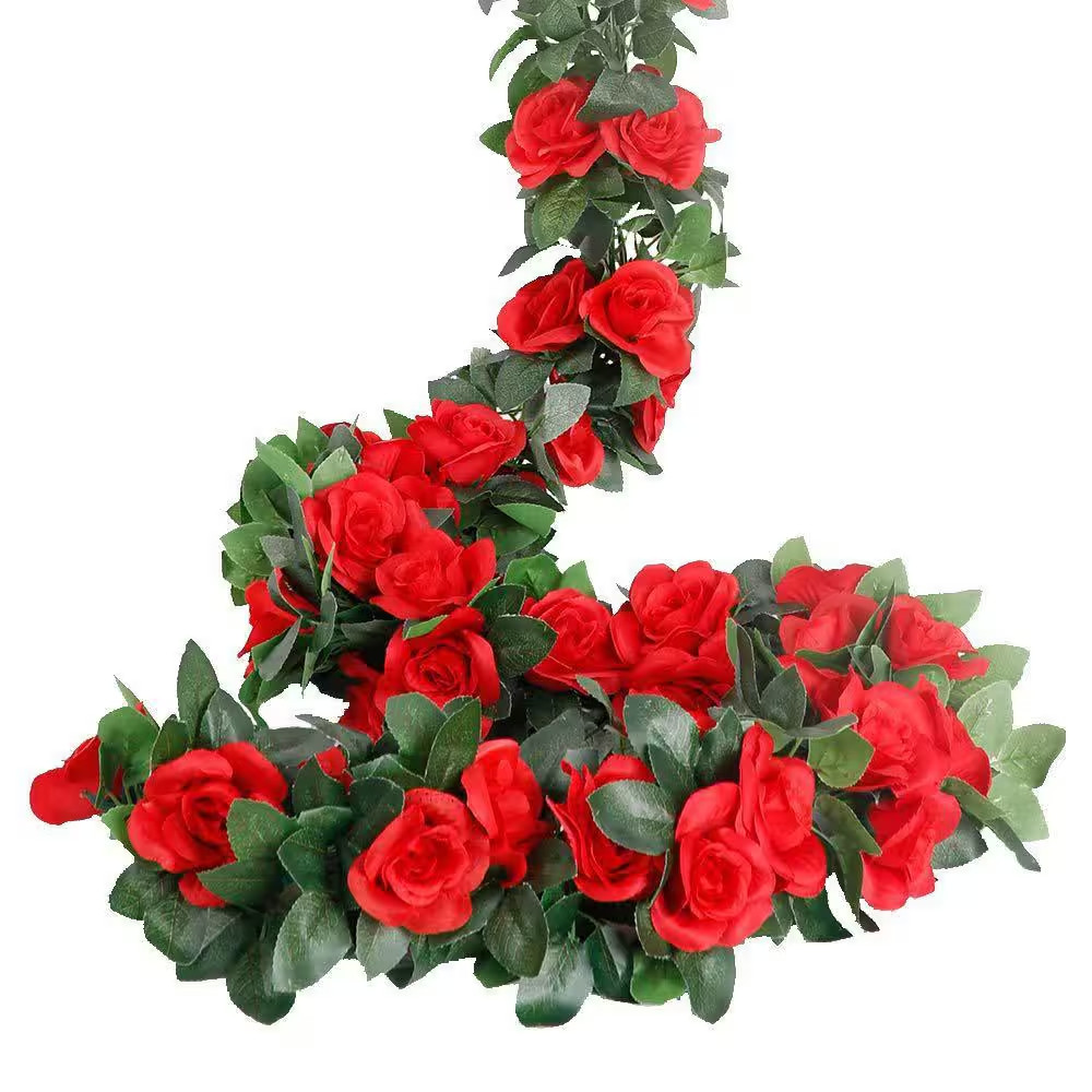 4.72 In. Red Artificial Rose Vine Silk Flower Garland 4-Pieces with Greenery Pla