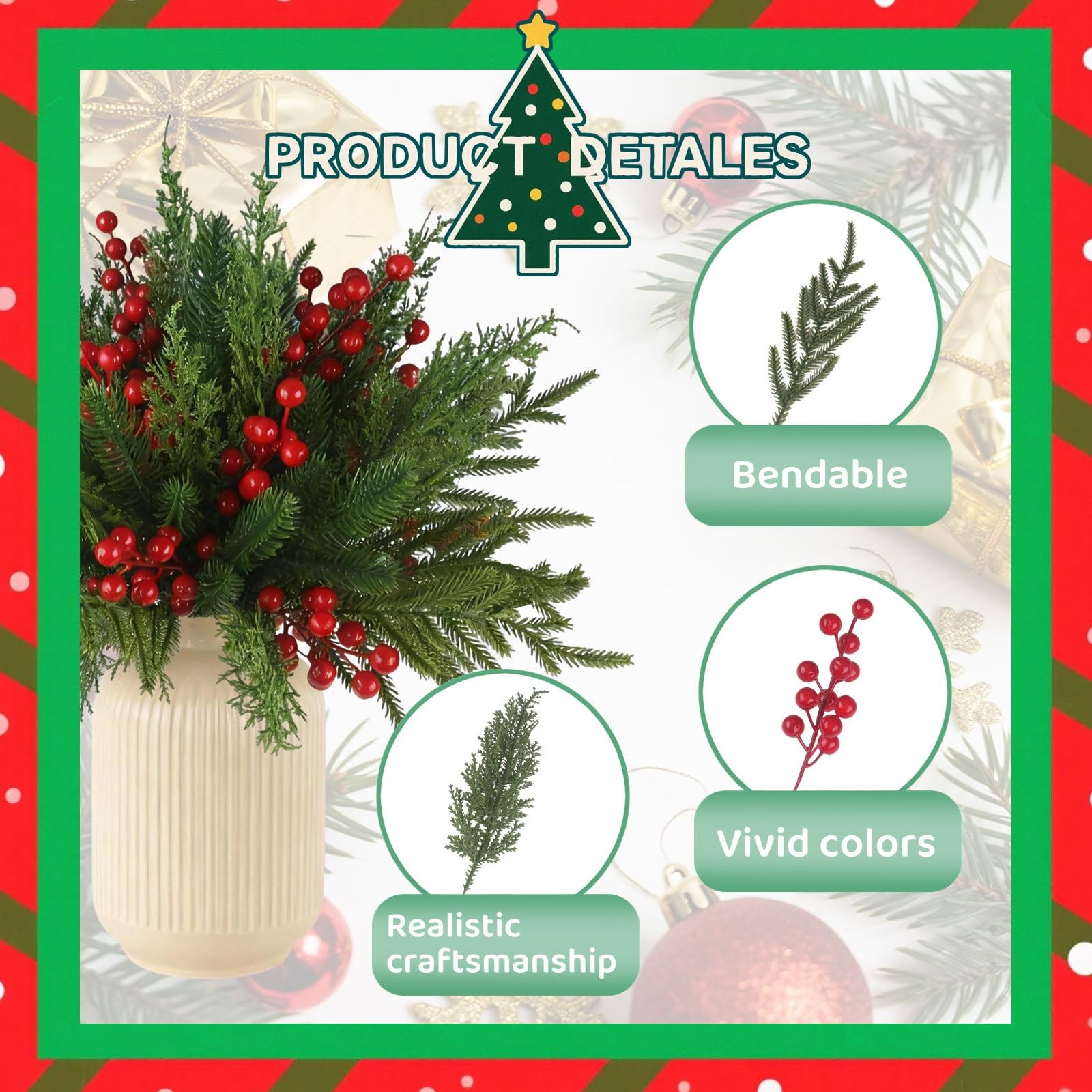 60 Pcs Christmas Greenery Stems for Vases Artificial Pine Branches for Decora…