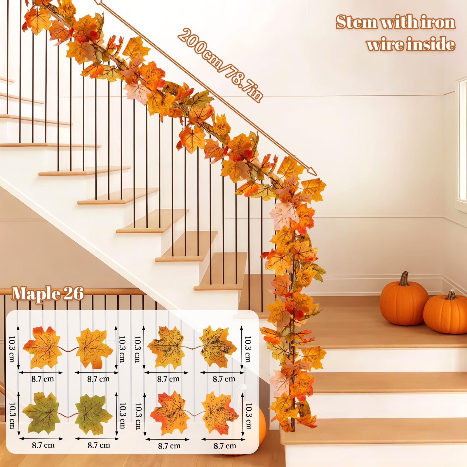 13 FT Fall Garland 2pc Autumn Maple Leaf Garlands for Mantle Thanksgiving Fir…