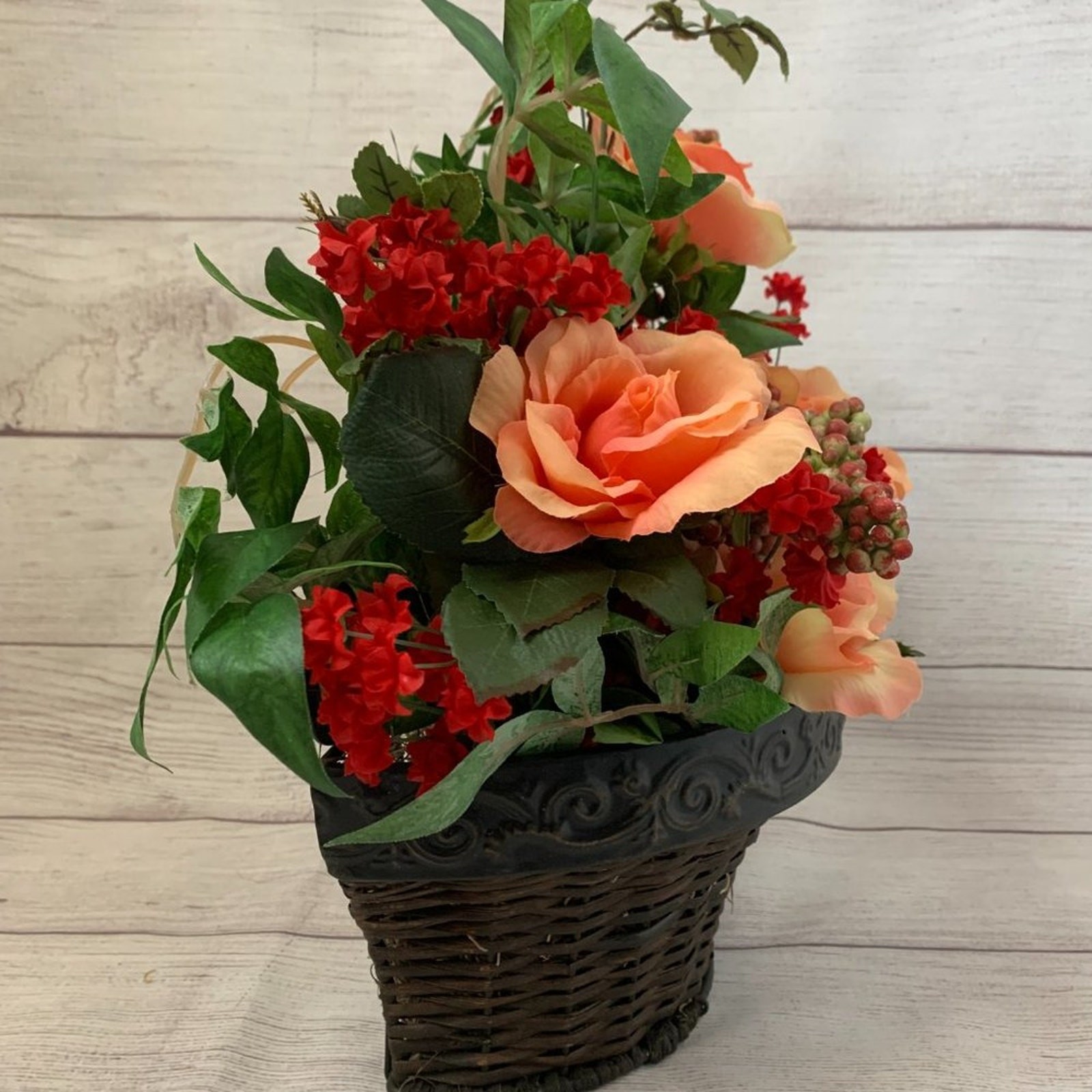 Faux Floral Arrangement Basket Wall Hanging Planter Rose Flower and Berries 15″H