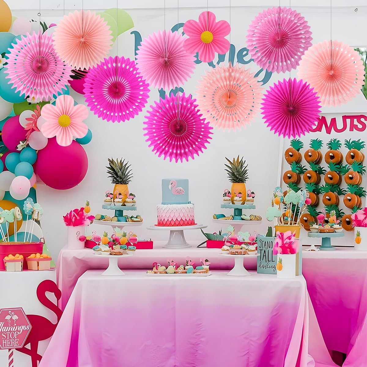 11 PCS Pink Paper Fans Flowers Wall Decor Floral Backdrop Baby Shower Party