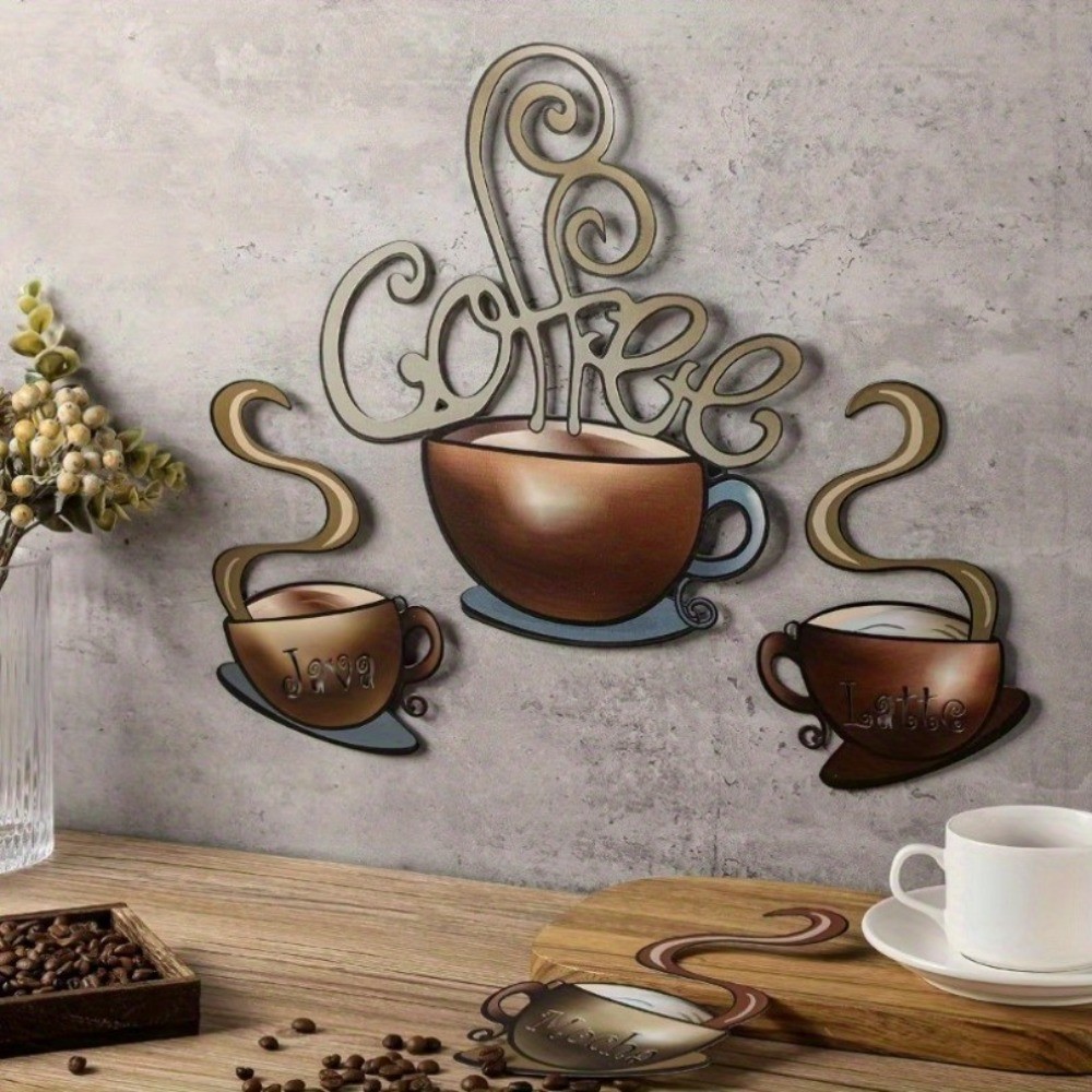 4Pc Reusable Retro Coffee Mug Wall Art Peel & Stick Metal Decor Set