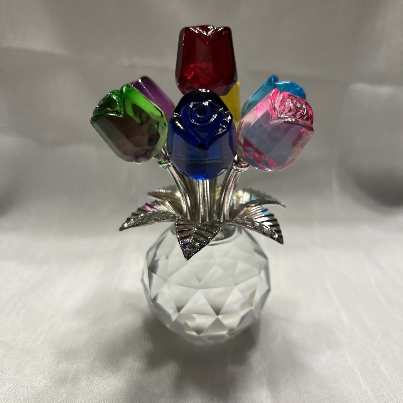 Colorful Rose Flower Crystal Figurines with Vase, Bouquet Flowers Ornament