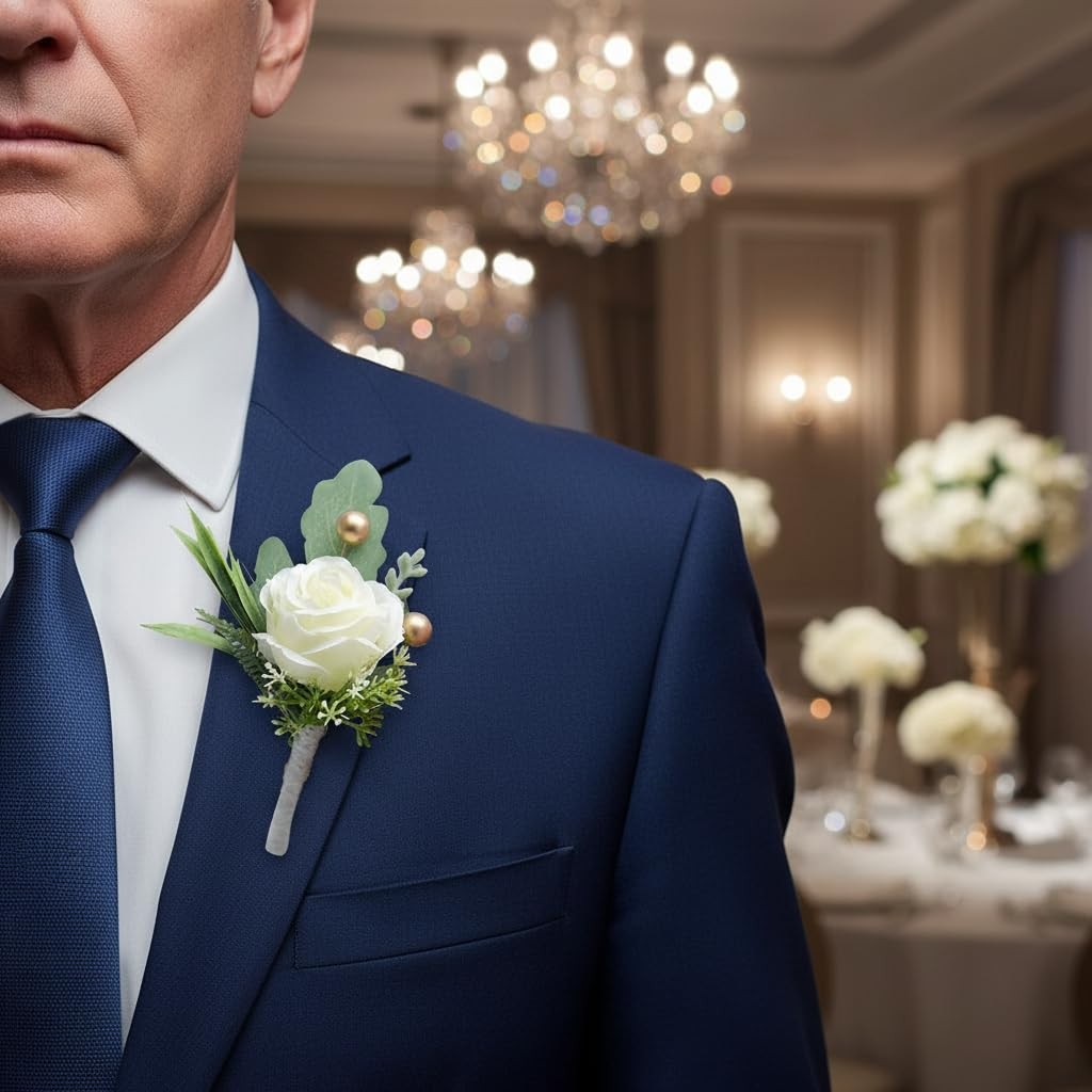 2Pcs Roses Boutonniere for Men Wedding, Groom Groomsman Artificial White Rose…
