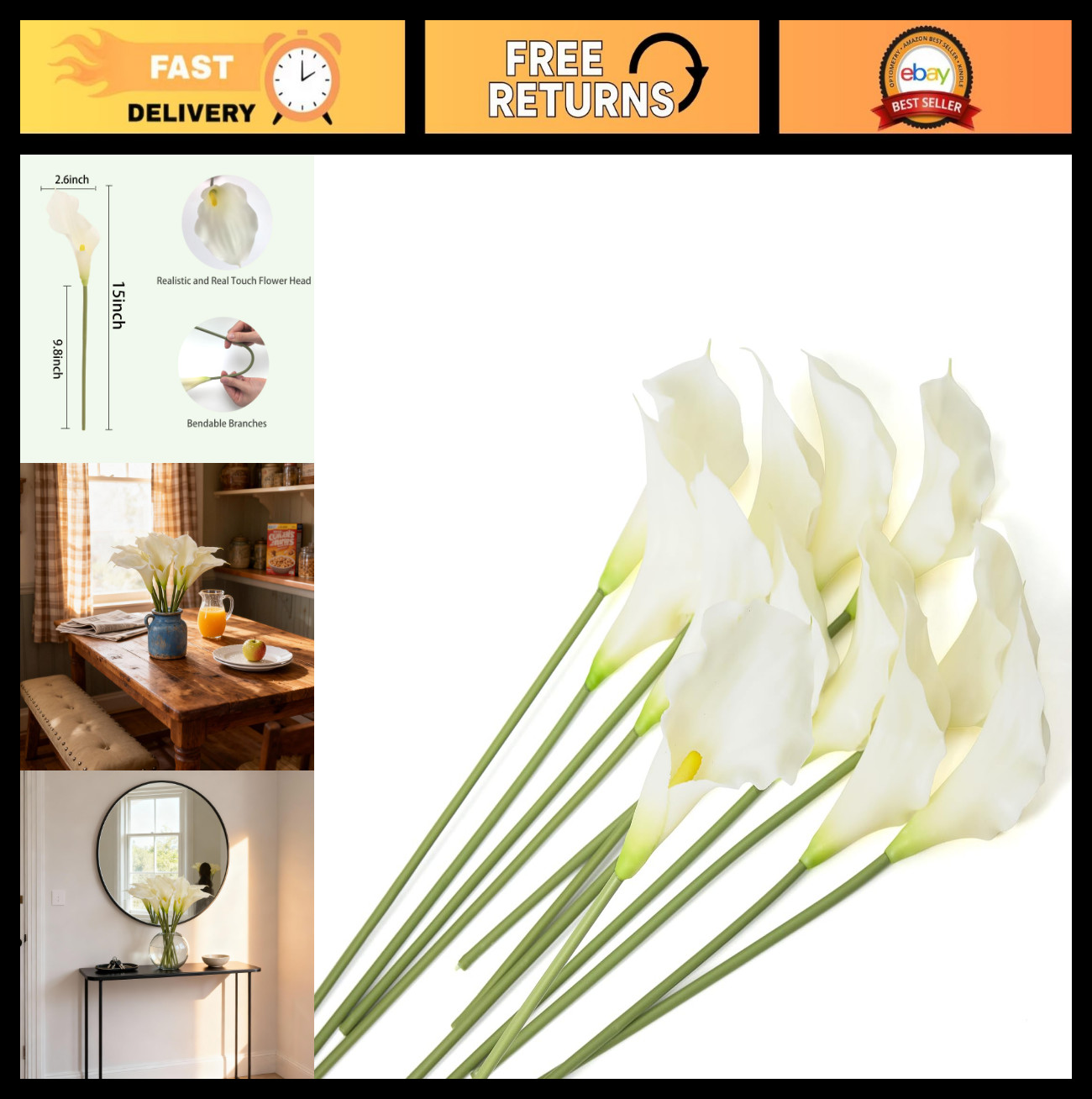 12 PCS White Calla Lily Faux Flowers – Real Touch Silicone for Home Decor & Wedd