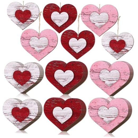 24 Pcs Valentines Day Tree Decorations 3D Vintage Red Pink White Wood Heart