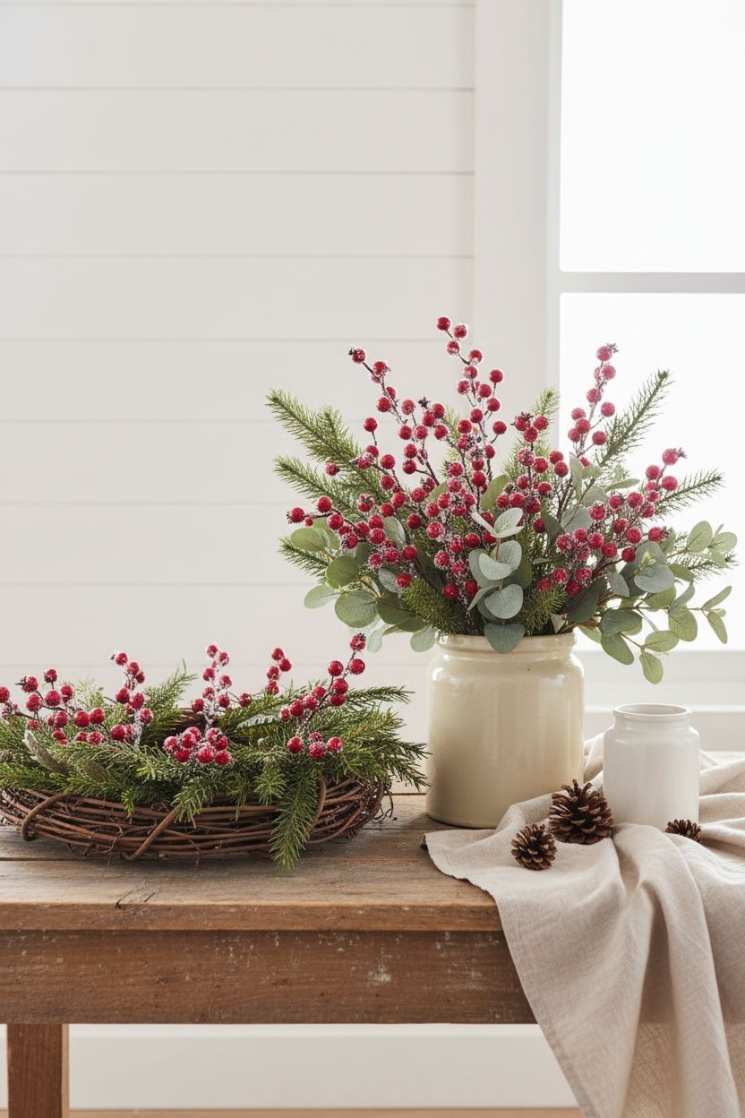 8 Frosted Red Berry Picks Winter Berry Stems Christmas Decor Faux Berry Branches