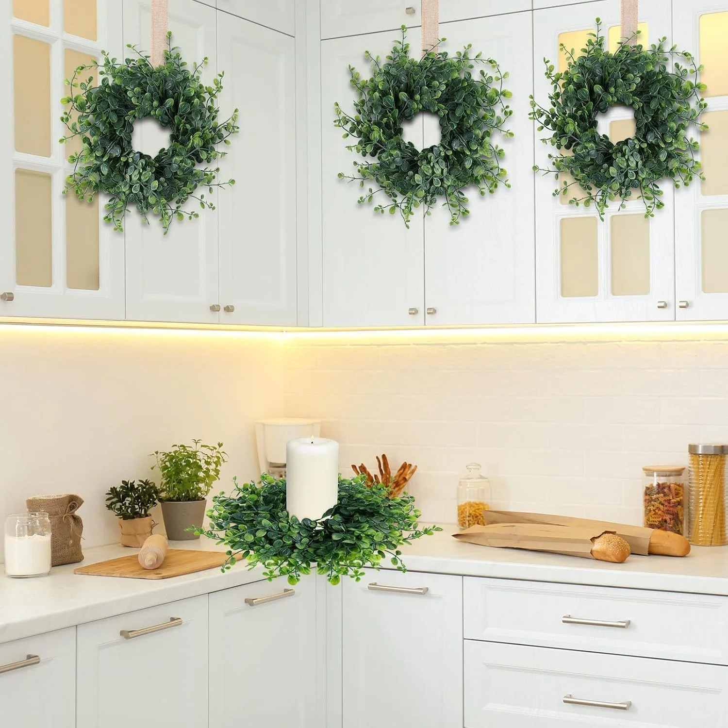 Mini Green Boxwood Candle Rings for Wedding and Home Decor (Set of 6)