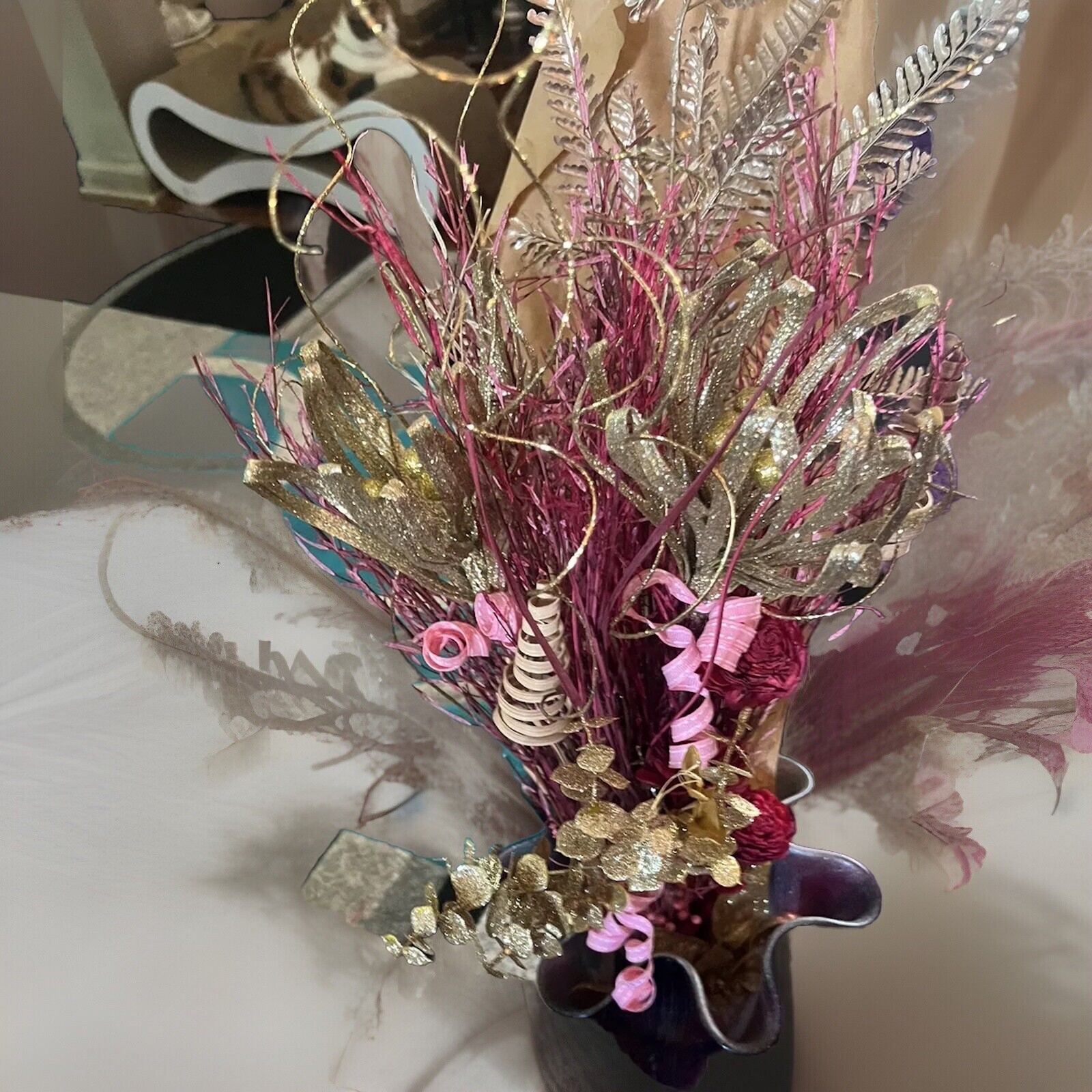 Large vibrant pink and Mauve With Gold floral arrangement, flower arrangement