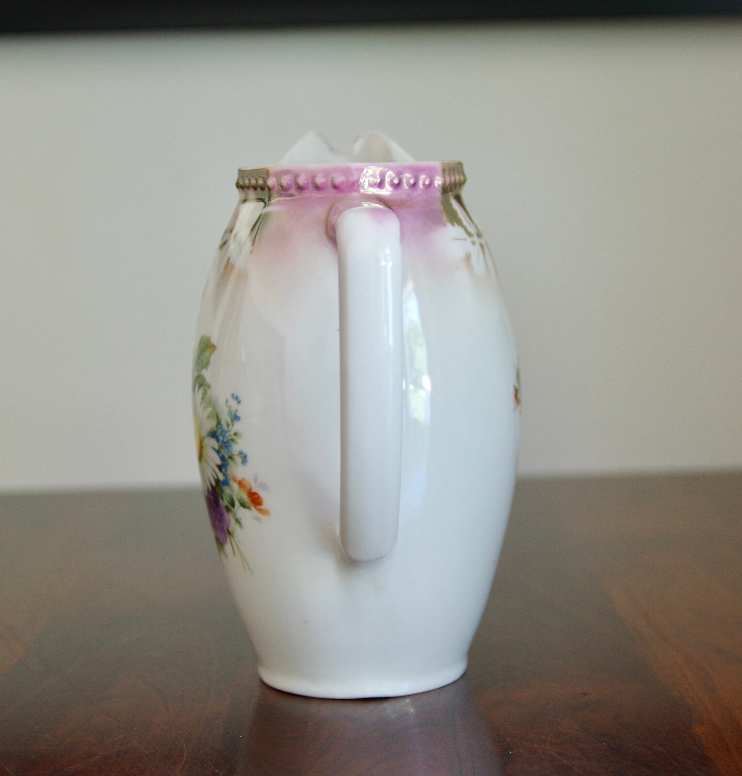 Silk Daisy and Lilac Arrangement in 1800’s Germany Lusterware Coffee Pitcher
