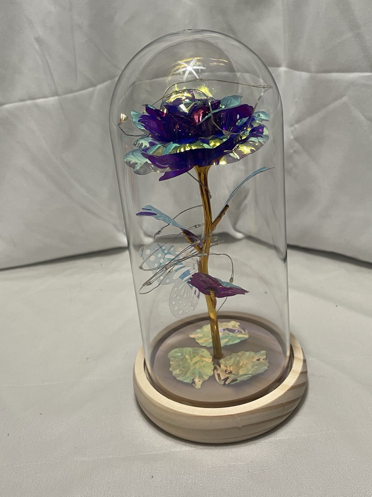 Galaxy Rose in Glass Dome LED Light Purple Blue Flower Gift New in Box NIB