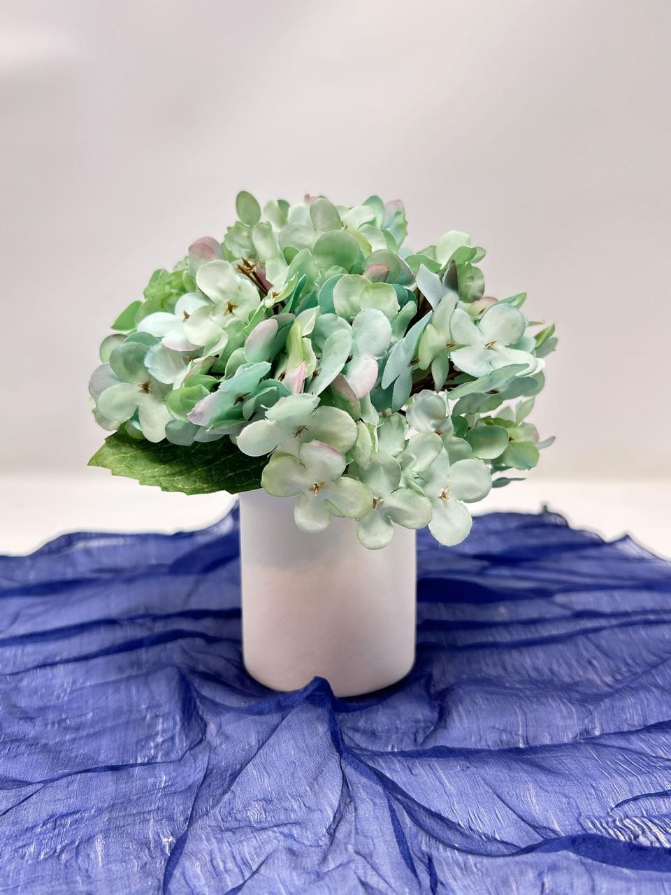6.5″ Artificial BLUE-GREEN HYDRANGEA faux Silk flower, smooth matte ceramic pot