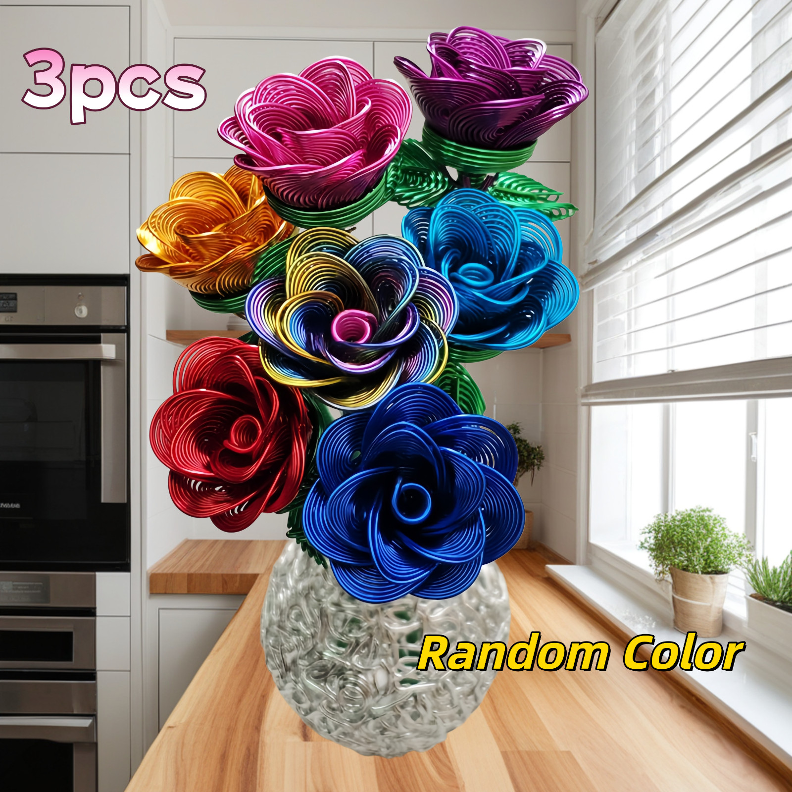 3Pcs Metal Aluminum Wire Woven Small Rose Model, Metal Aluminum Wire Handicraft