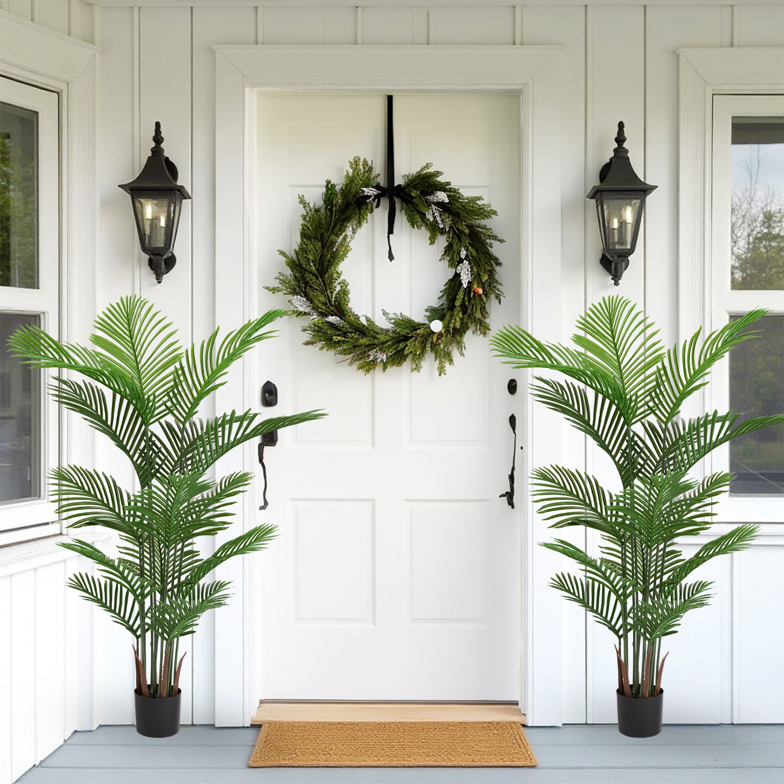 Artificial Areca Palm Plant 5.2ft Tall Faux Tropical Tree in Pot 2pcs/set