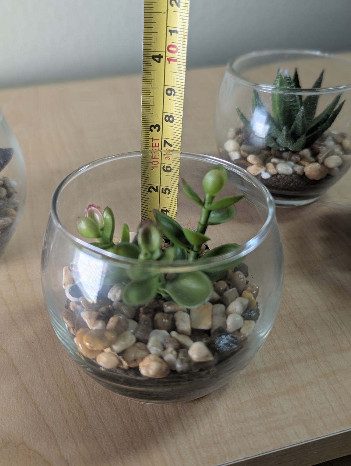 Set Of 4 Glass Bowls With Faux Succulents Pebbles Dirt 3″X3″