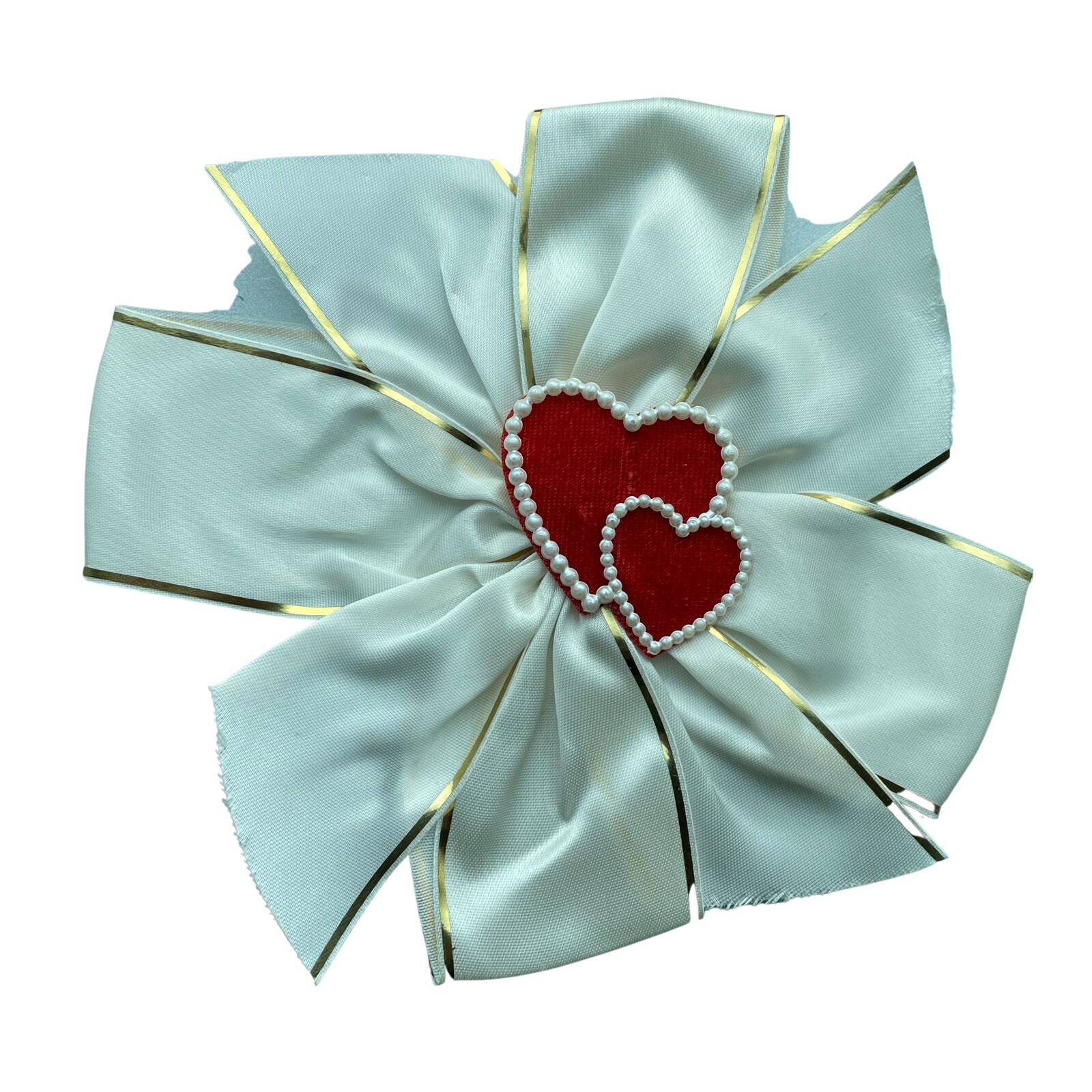 Vintage 1960s Valentine’s Day Bow 2 Plastic Beaded Felt Hearts & Nylon Ribbon
