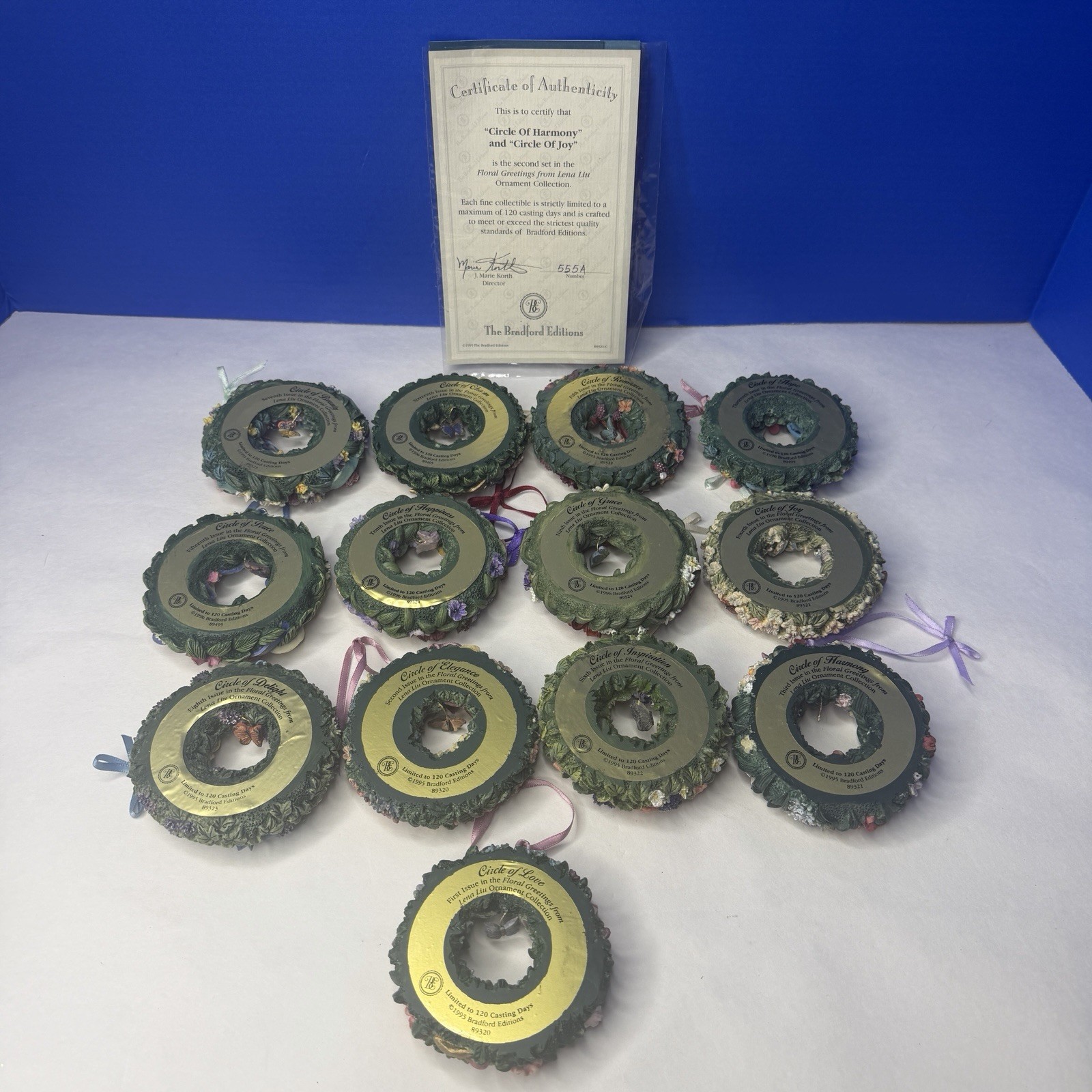 Lena Liu Floral Wreath Ornament Set (13) Home Decor Window Display Vintage 90s