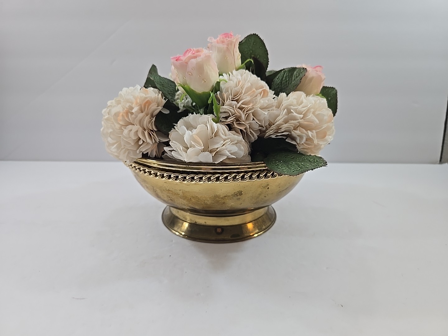 Vintage Silk Floral Arrangement in Footed Brass Planter Pot England 7″