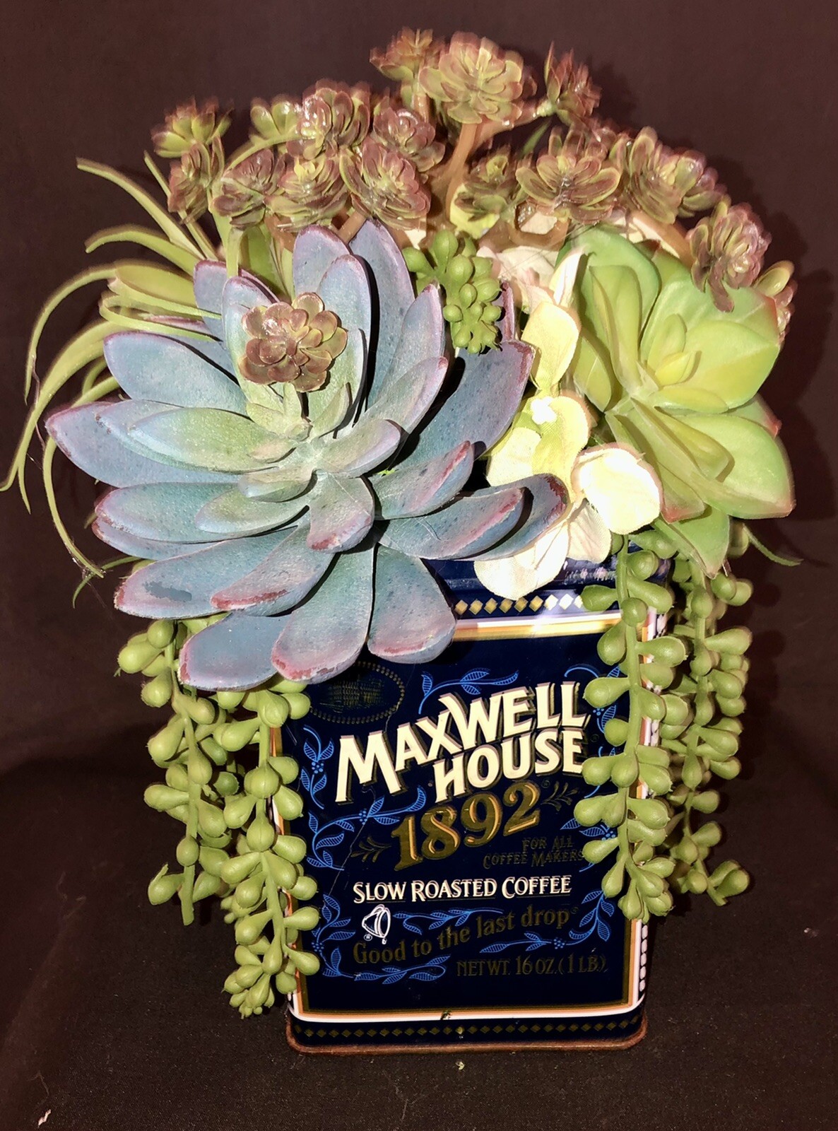 Coffee Tin Faux Greenery Farmhouse Decor Maxwell House Tin Upcycled Decor