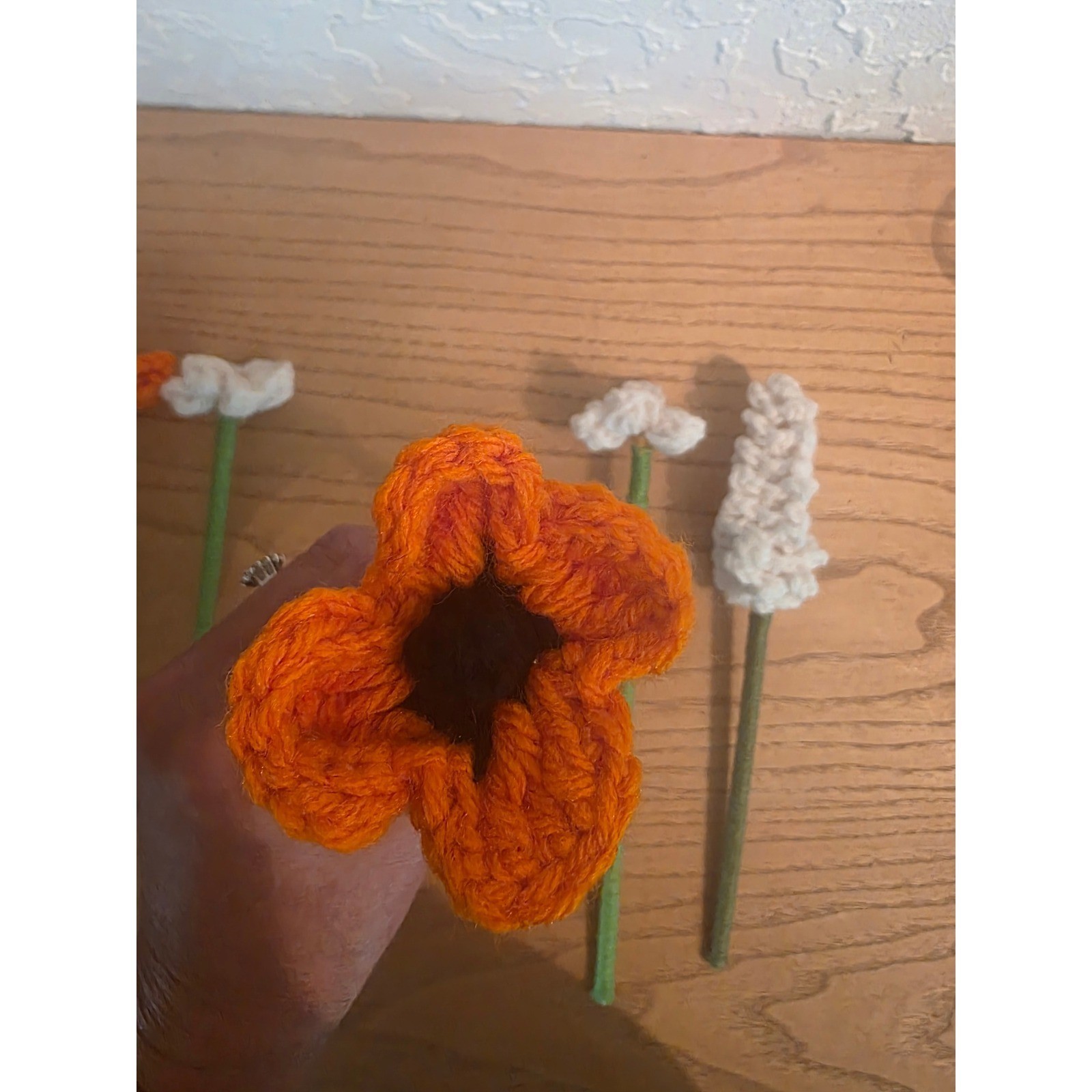 Handmade Crochet Flower Bouquet Orange White Floral Arrangement 5 Piece Set