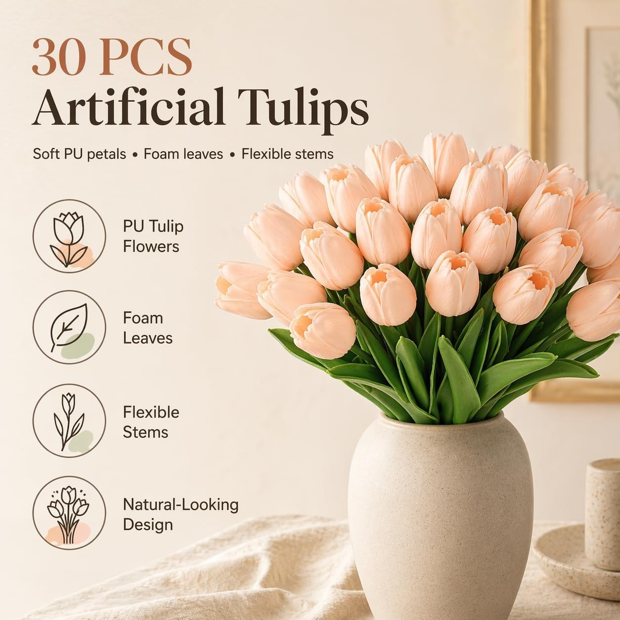 30 PCS Light Pink Artificial Fake PU Tulips 13.7 Inch Real Touch Floral