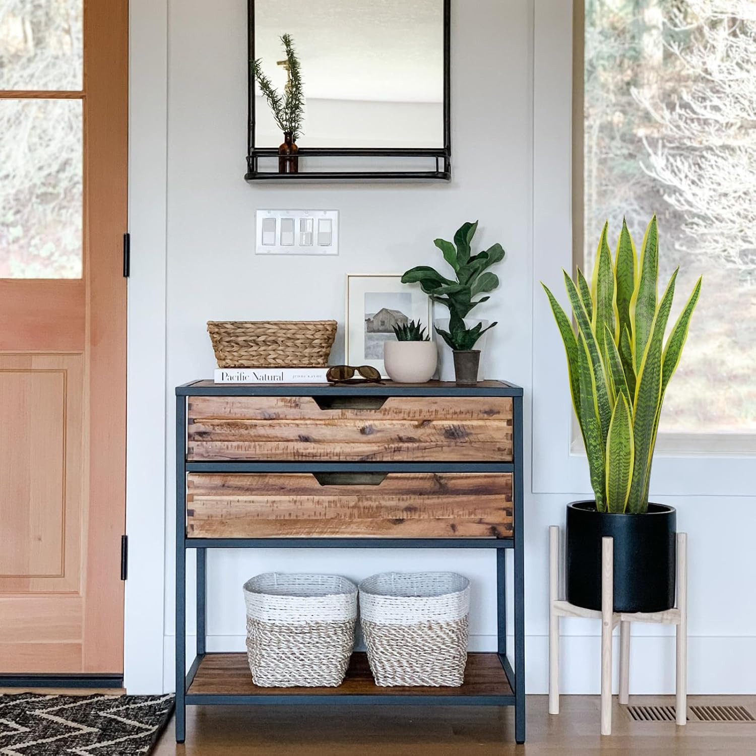 28″ Artificial Snake Plant in Black Pot – Faux Sansevieria for Home & Garden