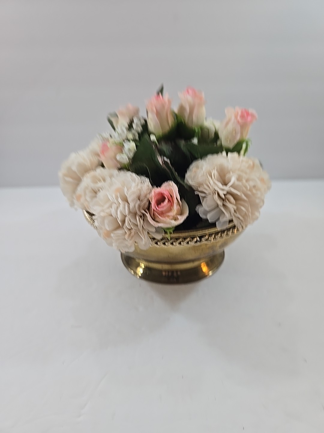 Vintage Silk Floral Arrangement in Footed Brass Planter Pot England 7″
