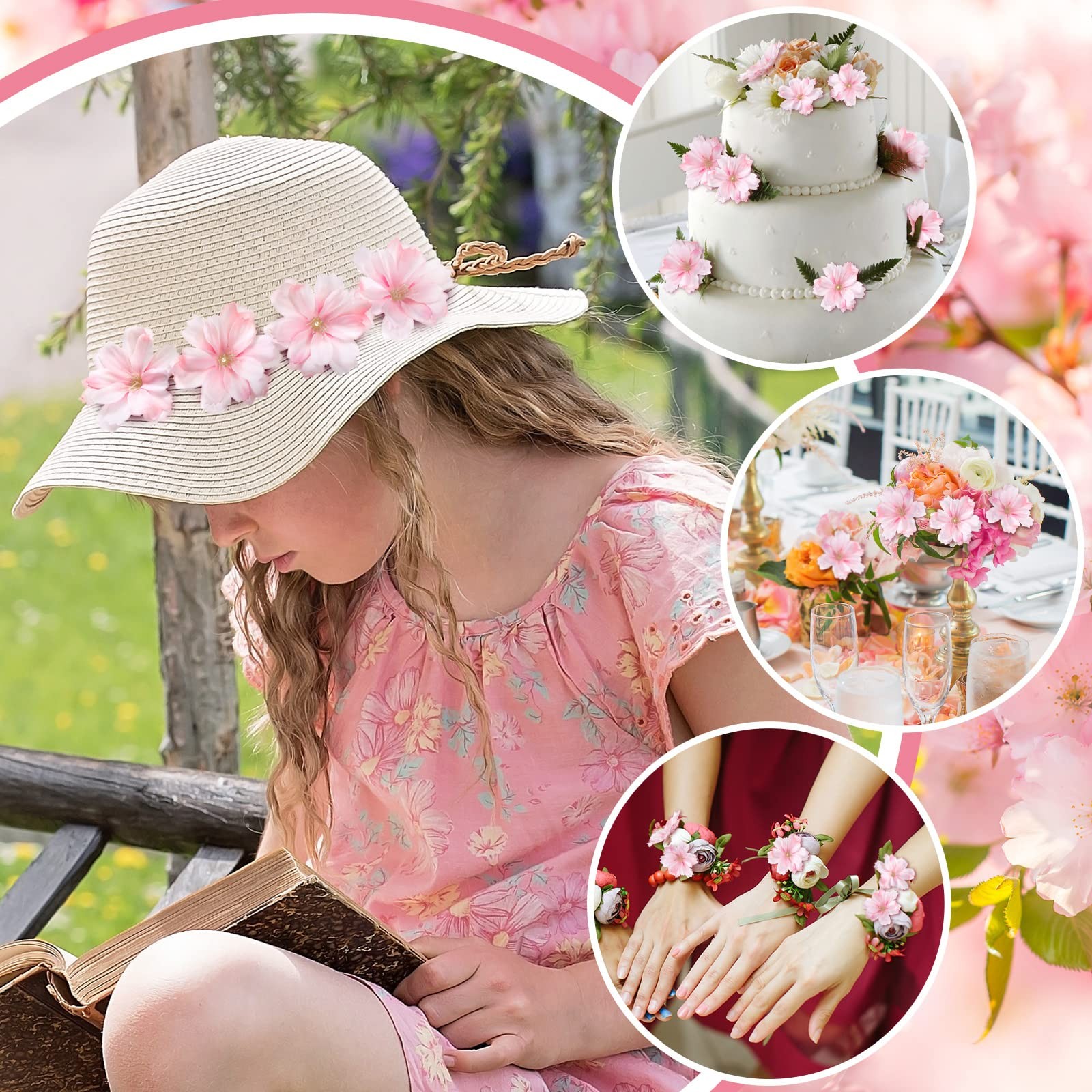 100 PCS 1.8 Inch Pink Cherry Blossom Artificial Flower Heads Fake Petals