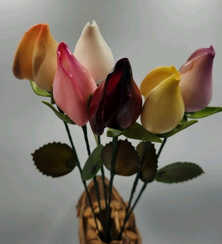 Seashell Hand Painted Long Stem Rose Buds Set of 6