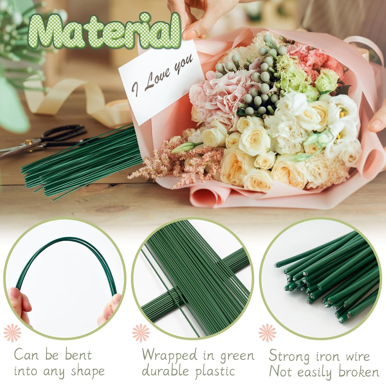 100 Pcs Floral Stems Wire for Paper Flower 14 Inch 2 Gauge Dark Green Floral
