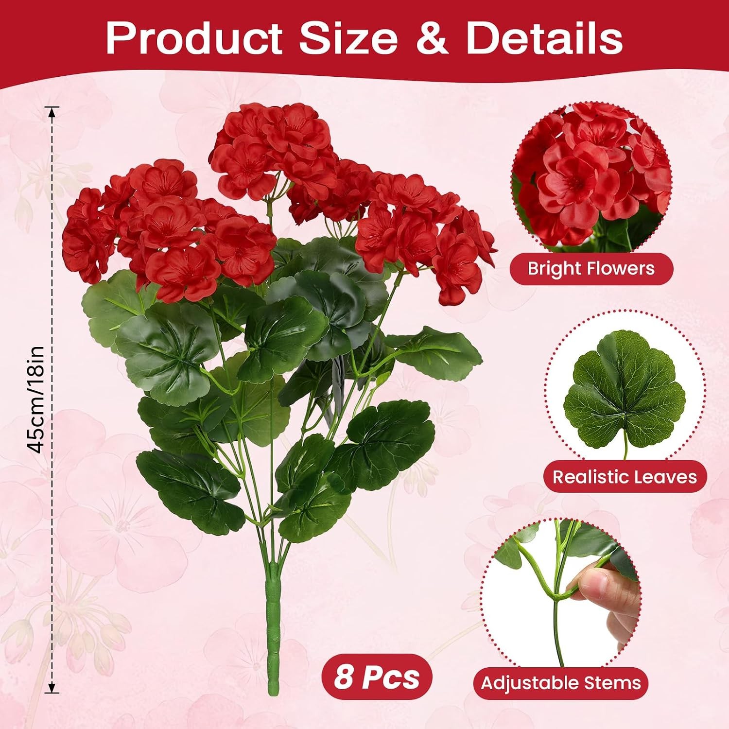 8 Pcs Artificial Geranium Flowers, UV Resistant Silk Faux Outdoor Decor