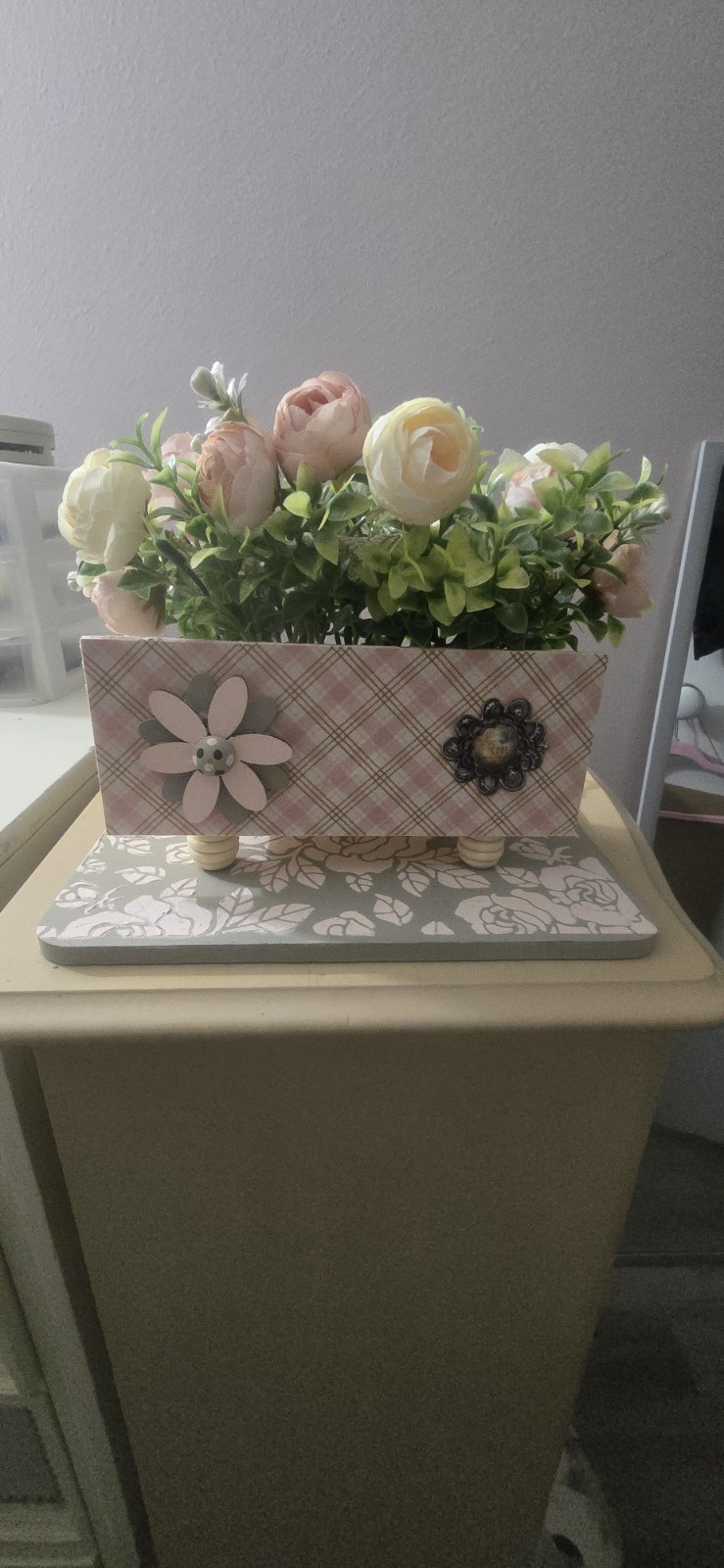Artificial Pink and White Roses In A Pink And Taupe Flower Box!!! Gorgeous!