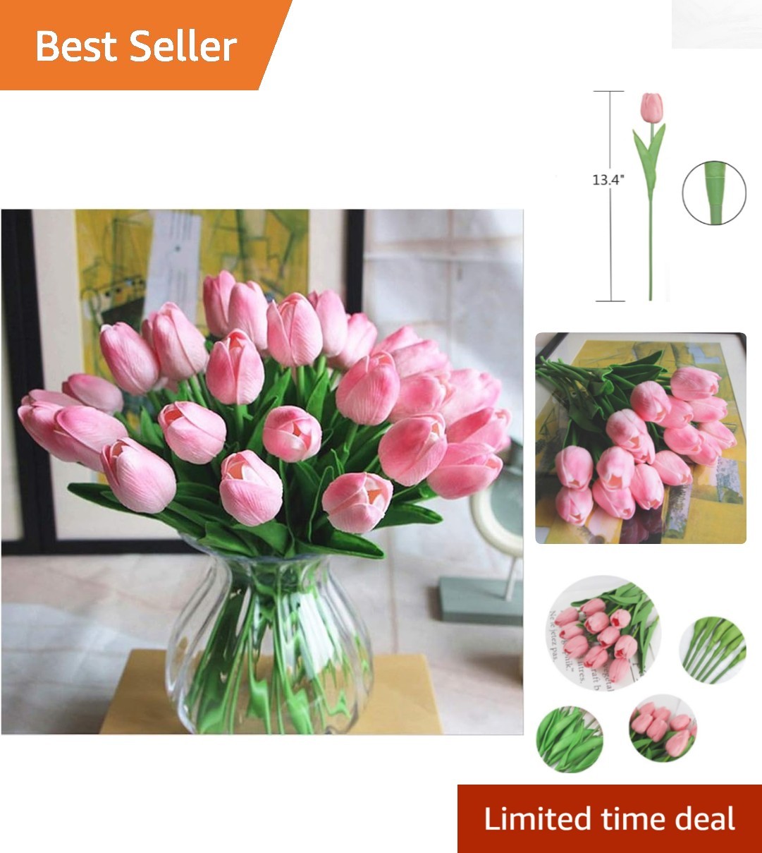 Long-Lasting Pink Artificial Tulips – 10 Real Touch Flower Arrangement Stems