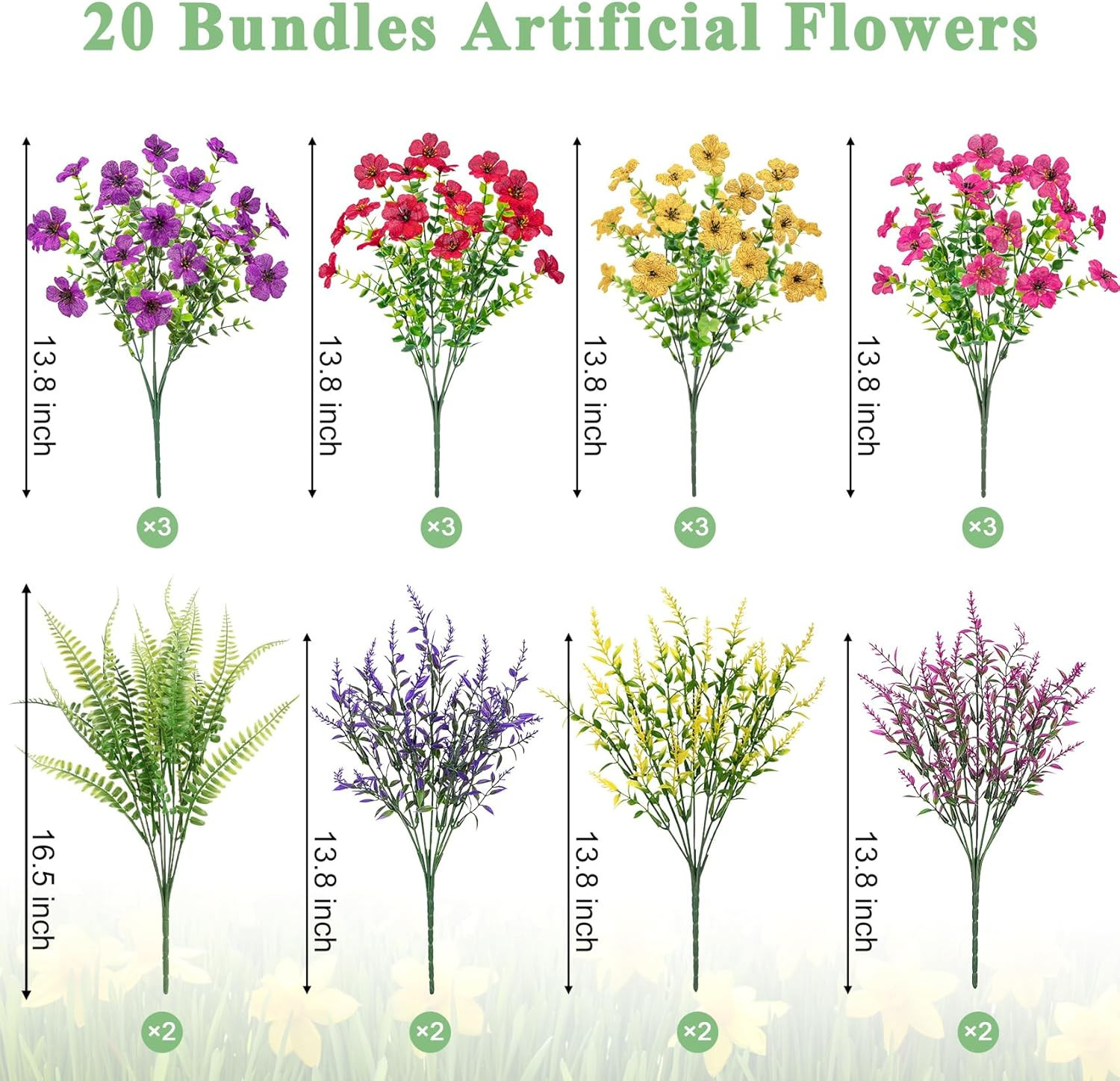 20 Bundles Artificial Flowers for Outdoors, UV Resistant Silk Fake Flowers with