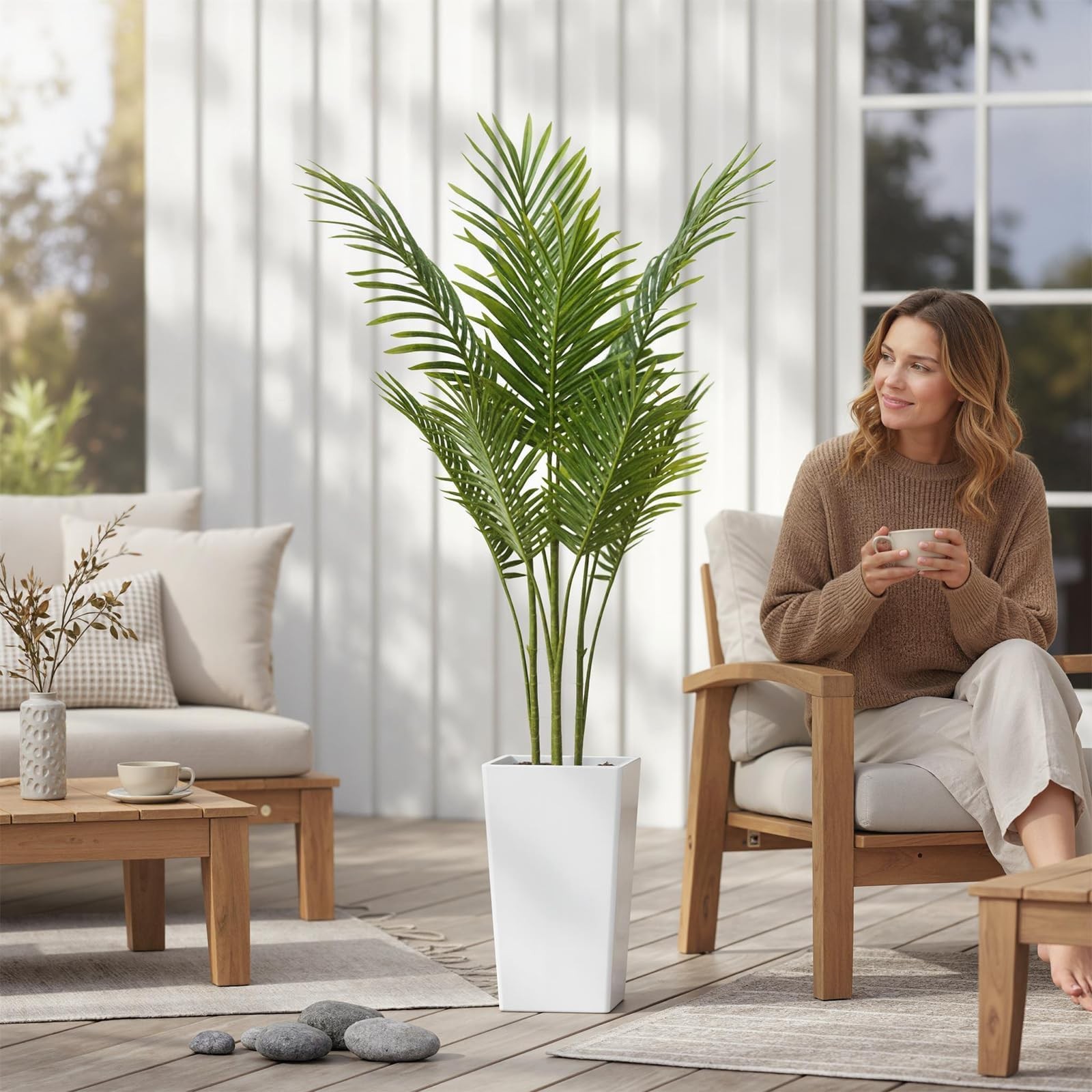 4.8FT Artificial Palm Tree in White Tall Planter, Realistic Indoor Faux Plant